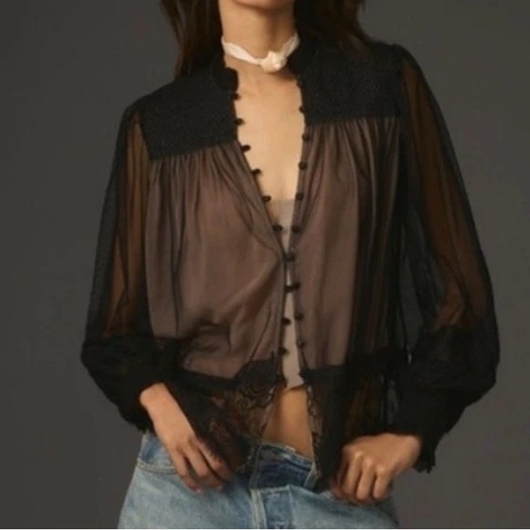 Anthropologie Tops - Anthropologie Layered Tulle Long Sleeve Lace Blouse Black & Nude Sz. XL